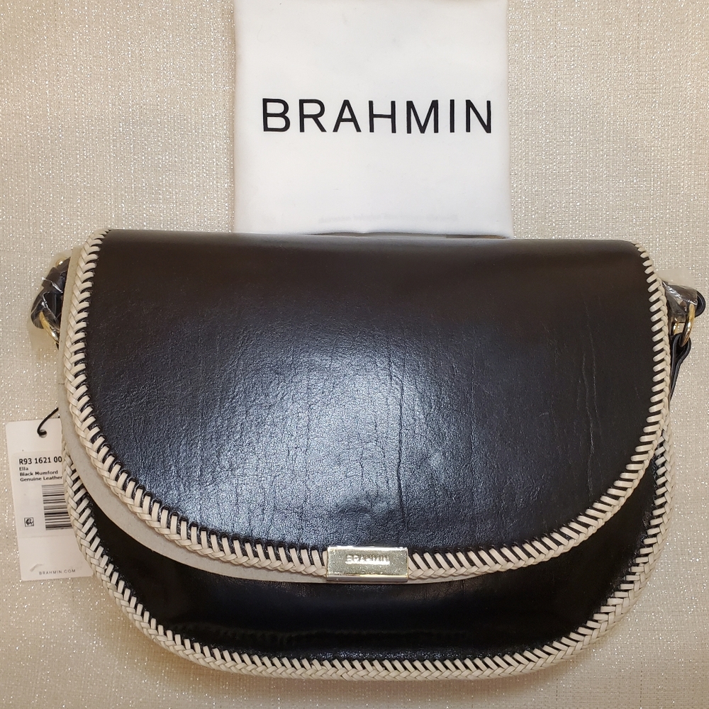 NWT Brahmin Black Ella Mumford Leather Natural Stitching Crossbody Shoulder Bag